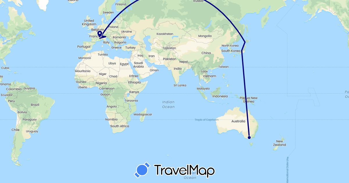 TravelMap itinerary: driving in Australia, Switzerland, France, Italy, Japan (Asia, Europe, Oceania)